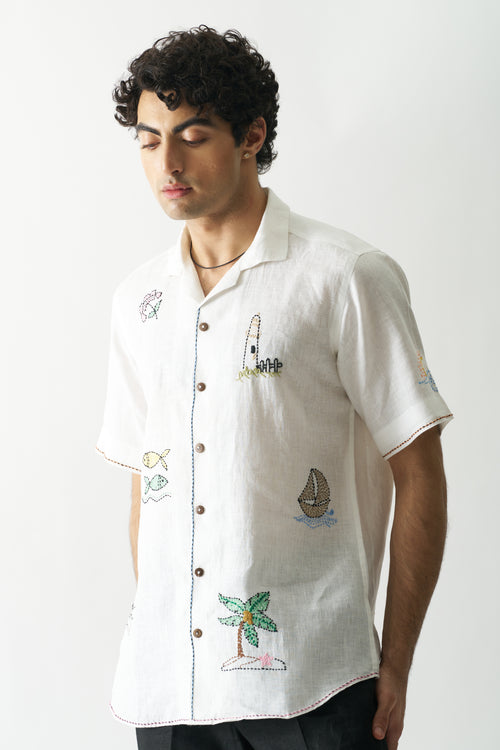 BEACH BLISS - HAND EMBROIDERED UNISEX PURE LINEN SHIRT