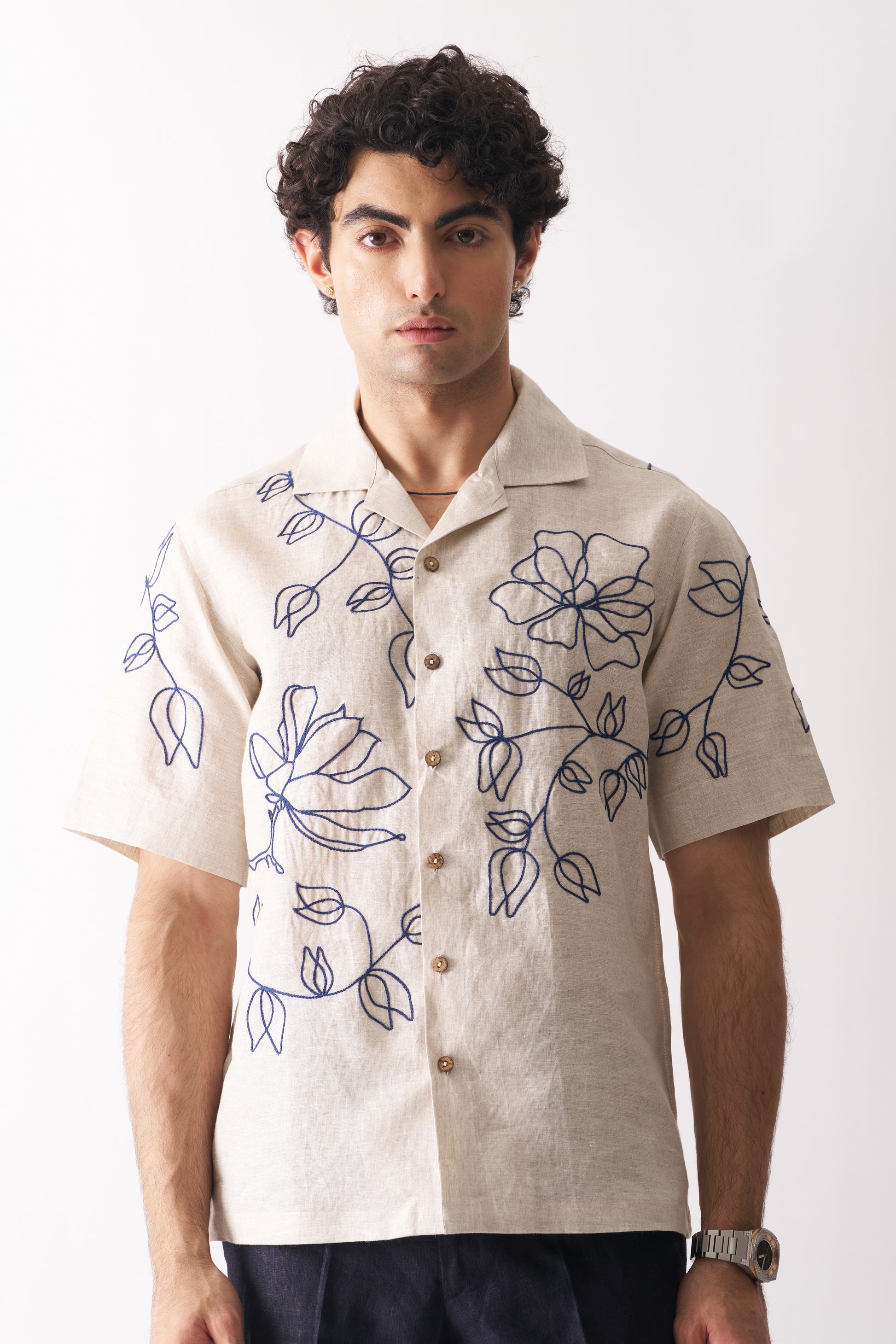 FLORAL SERENADE - HAND EMBROIDERED UNISEX PURE LINEN SHIRT