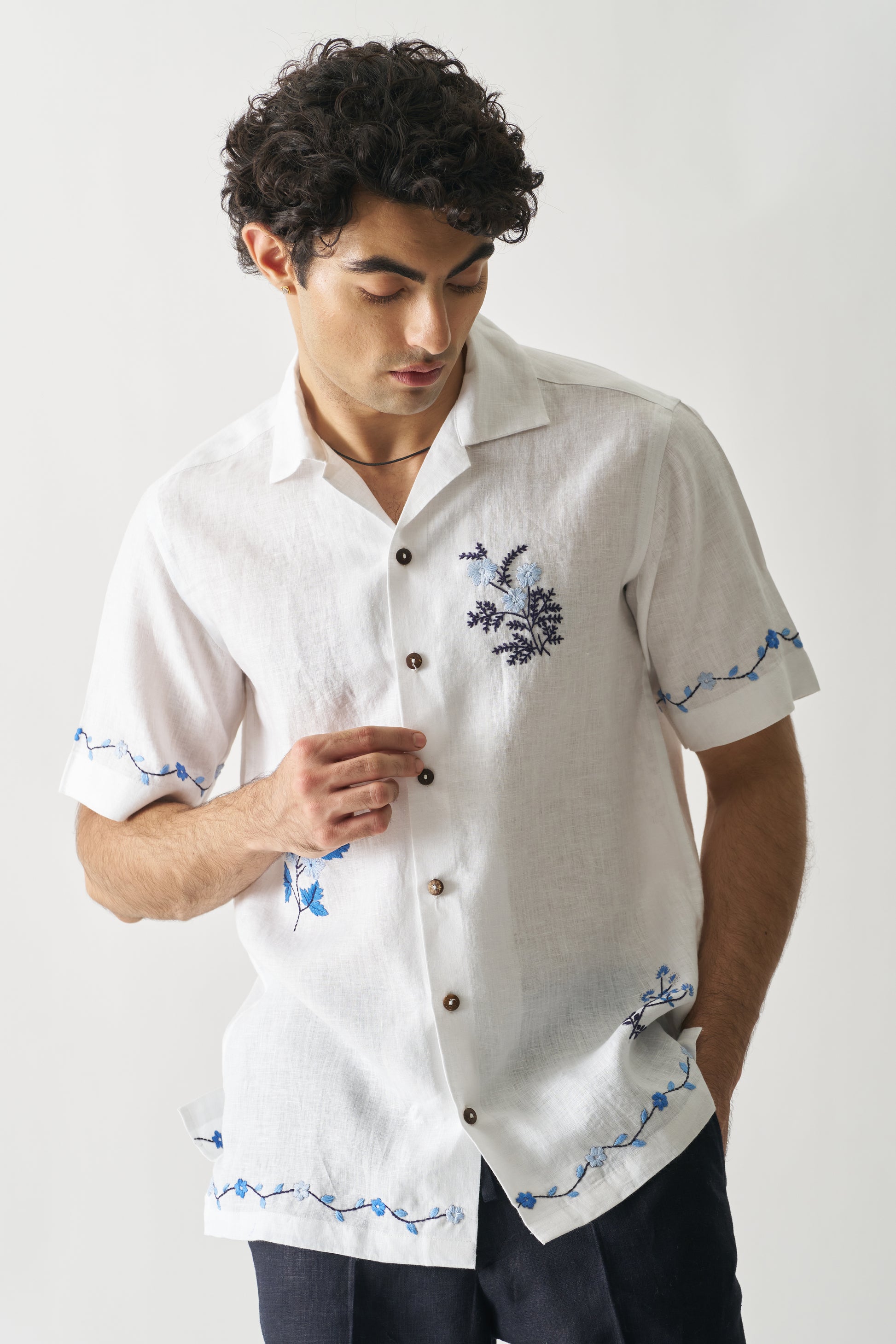 BLOSSOM CASCADE - HAND EMBROIDERED UNISEX PURE LINEN SHIRT