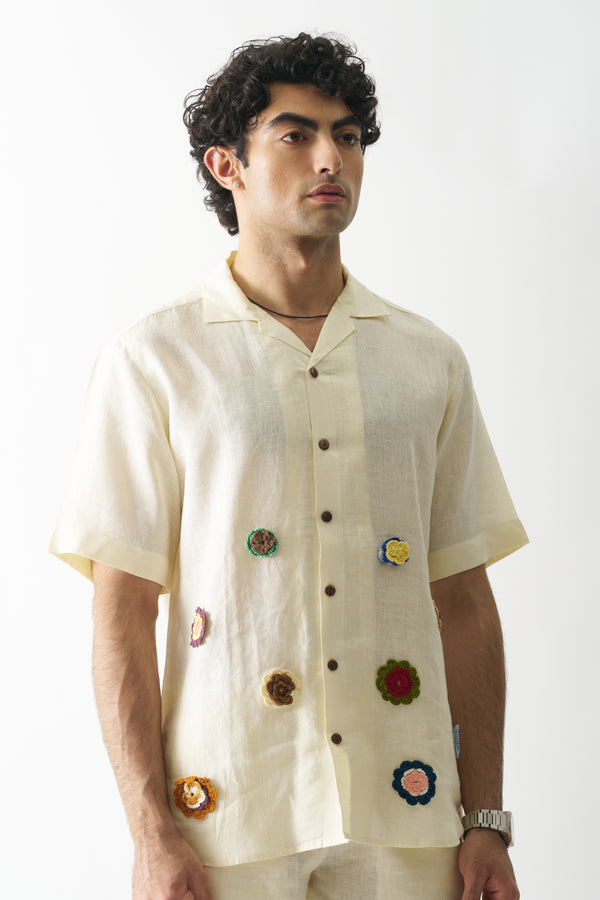 OFF-WHITE PETALS - HAND EMBROIDERED UNISEX PURE LINEN SHIRT