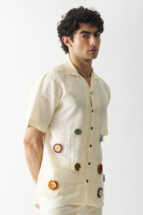 OFF-WHITE PETALS - HAND EMBROIDERED UNISEX PURE LINEN SHIRT