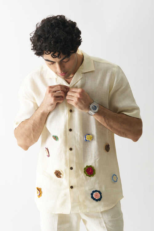 OFF-WHITE PETALS - HAND EMBROIDERED UNISEX PURE LINEN SHIRT