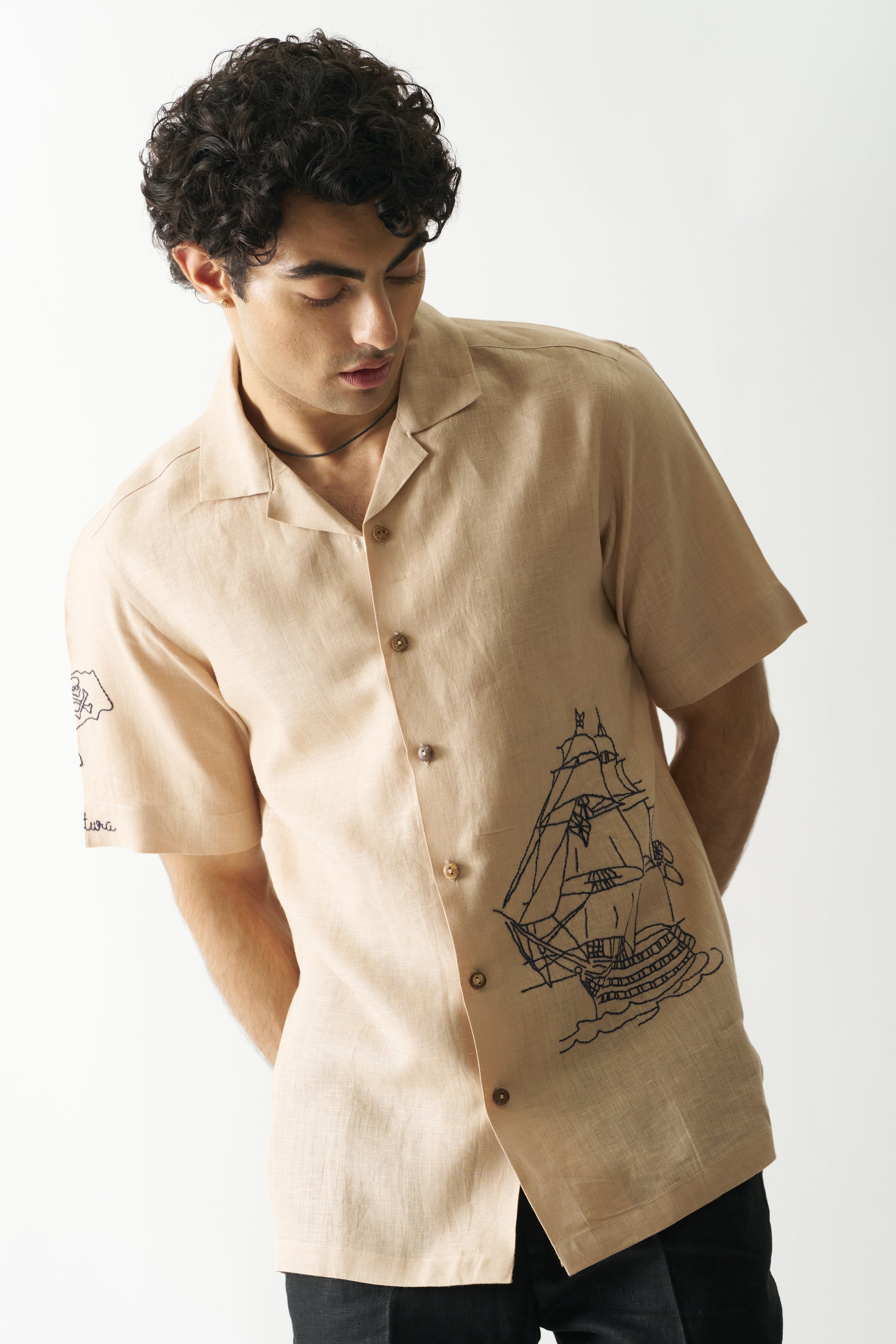 PIRATE'S PLUNDER - HAND EMBROIDERED UNISEX PURE LINEN SHIRT