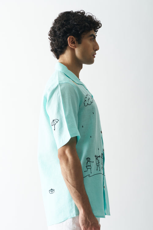 RAIN RAIN GO AWAY - HAND EMBROIDERED UNISEX PURE LINEN SHIRT