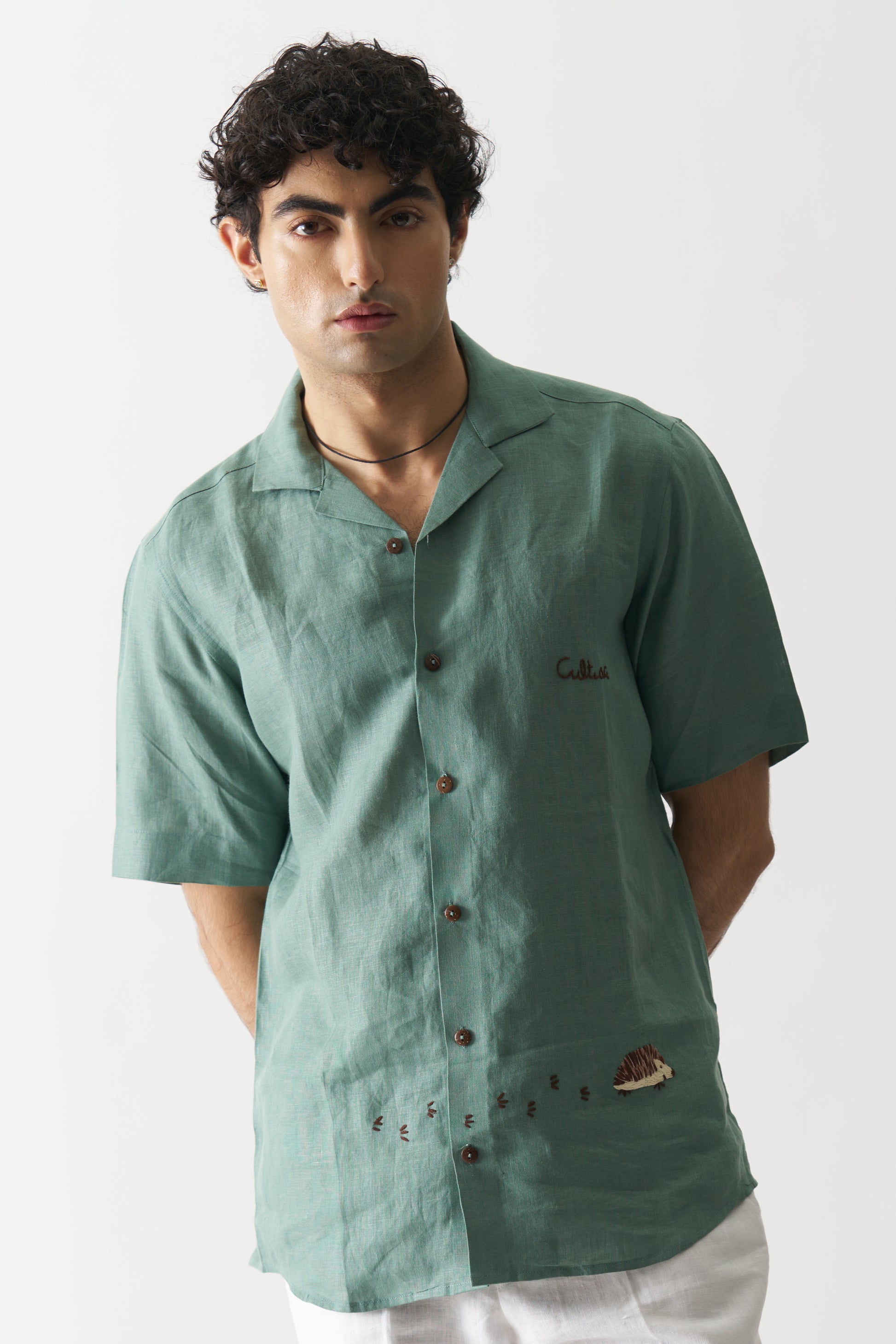 GREEN OASIS - HAND EMBROIDERED UNISEX PURE LINEN SHIRT