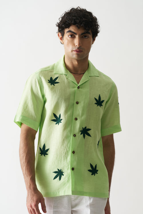 HIGH ON CANNABIS - HAND EMBROIDERED UNISEX PURE LINEN SHIRT