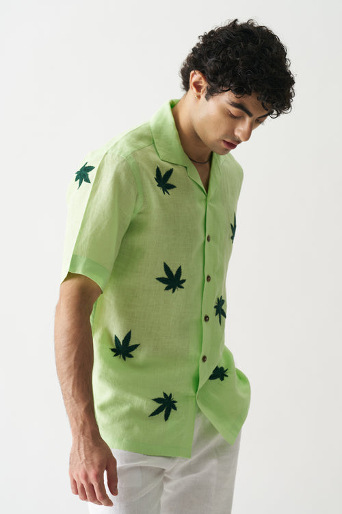 HIGH ON CANNABIS - HAND EMBROIDERED UNISEX PURE LINEN SHIRT