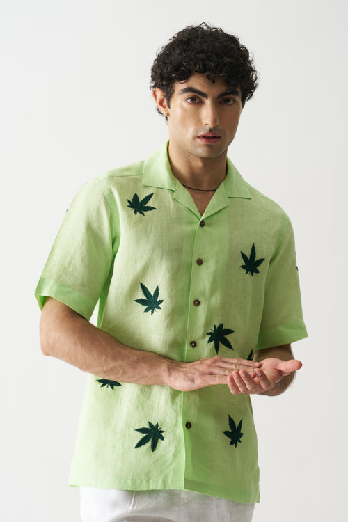 HIGH ON CANNABIS - HAND EMBROIDERED UNISEX PURE LINEN SHIRT