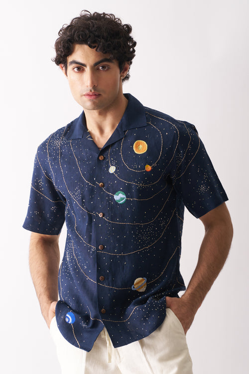 CELESTIAL PANORAMA - HAND EMBROIDERED UNISEX PURE LINEN SHIRT