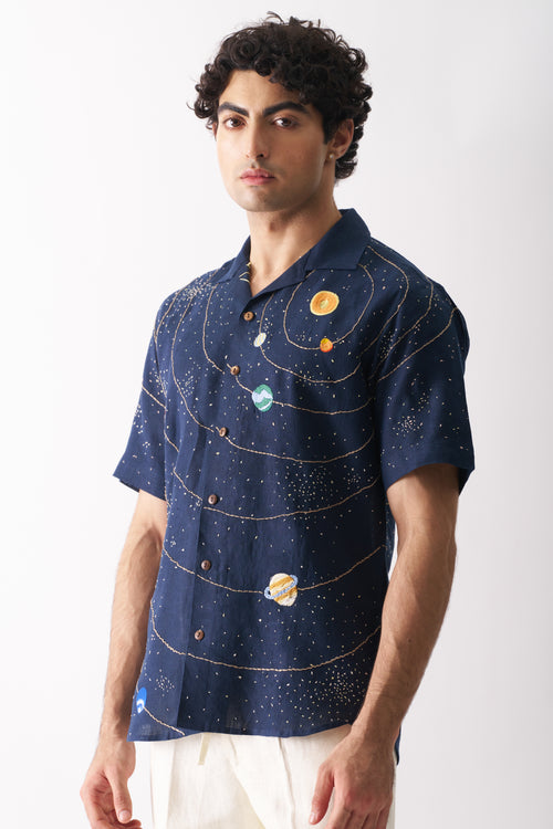 CELESTIAL PANORAMA - HAND EMBROIDERED UNISEX PURE LINEN SHIRT