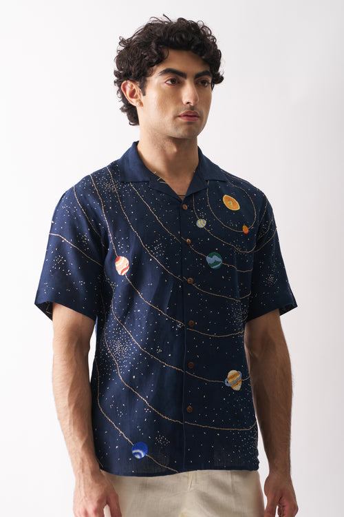 CELESTIAL PANORAMA - HAND EMBROIDERED UNISEX PURE LINEN SHIRT