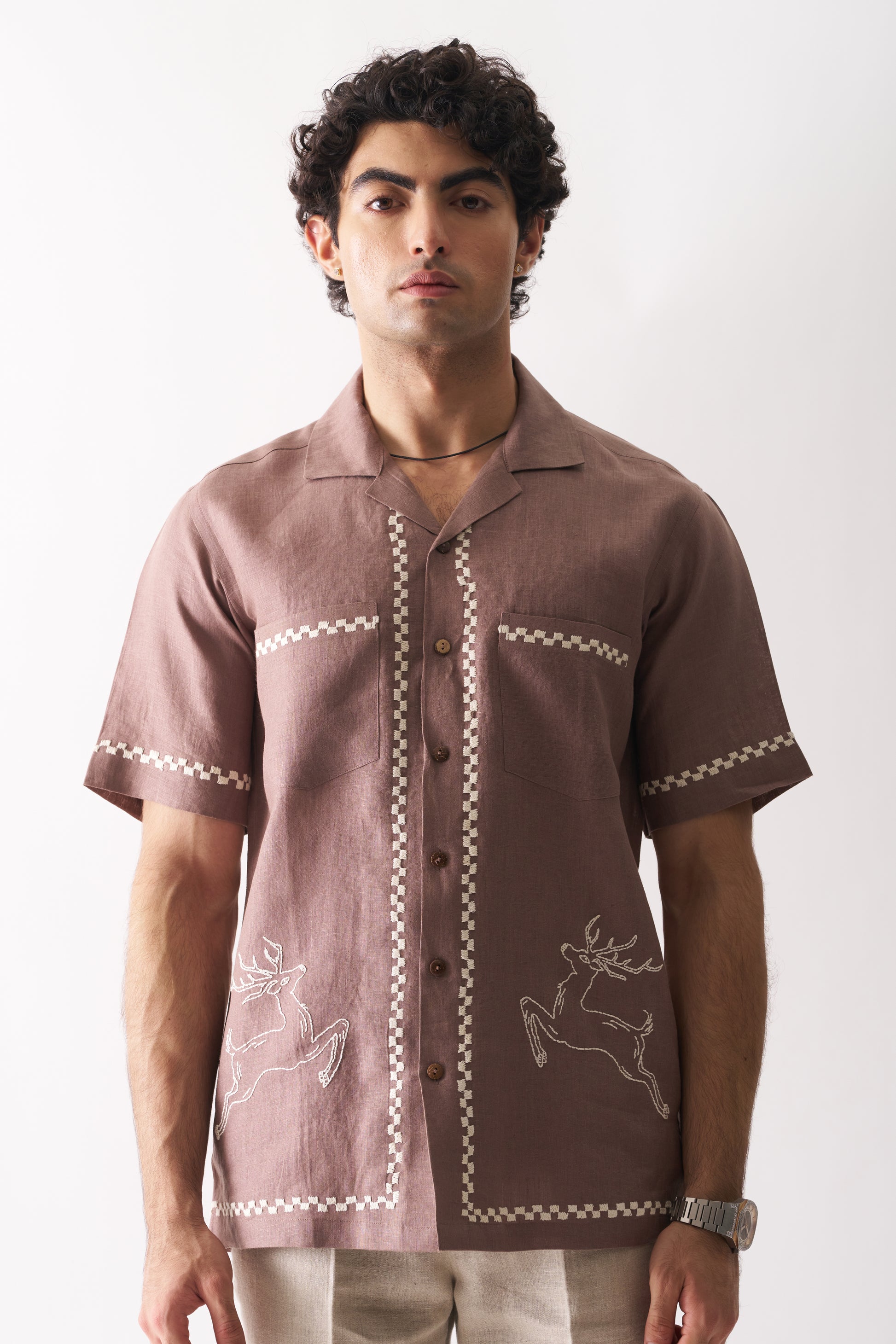 DEER'S DELIGHT - HAND EMBROIDERED UNISEX PURE LINEN SHIRT