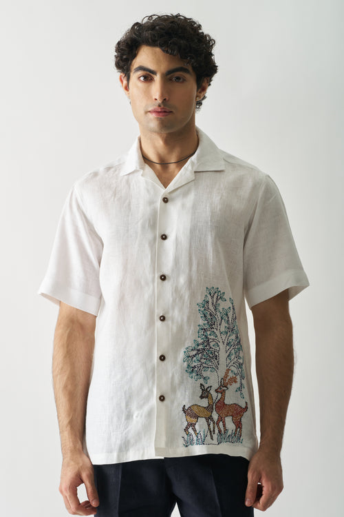 DEER UNDER GIANT OAK - HAND EMBROIDERED UNISEX PURE LINEN SHIRT