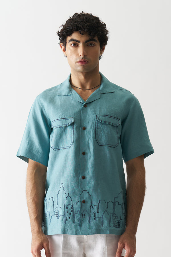 DOWNTOWN DREAMS - HAND EMBROIDERED UNISEX PURE LINEN SHIRT