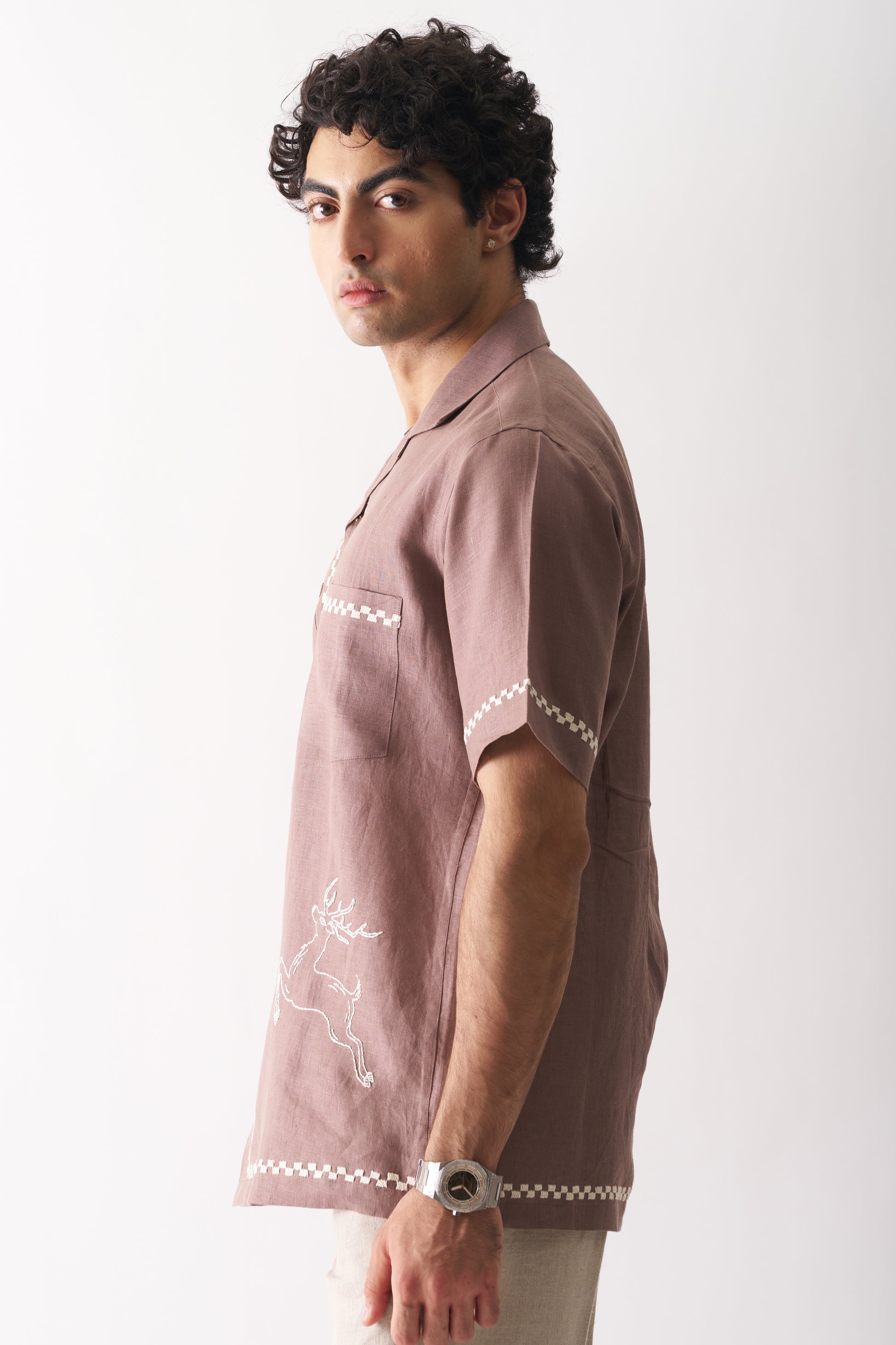 DEER'S DELIGHT - HAND EMBROIDERED UNISEX PURE LINEN SHIRT