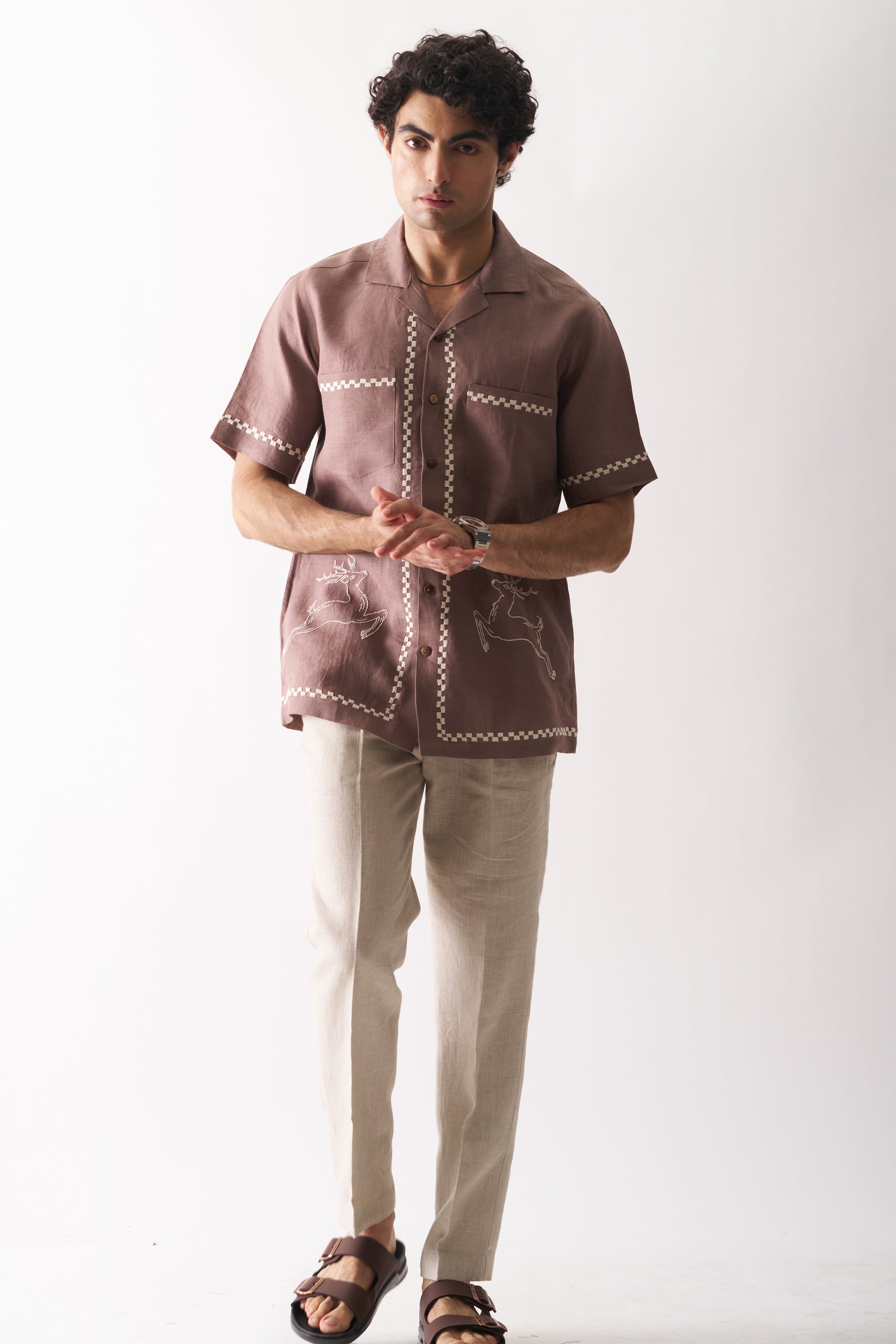 DEER'S DELIGHT - HAND EMBROIDERED UNISEX PURE LINEN SHIRT