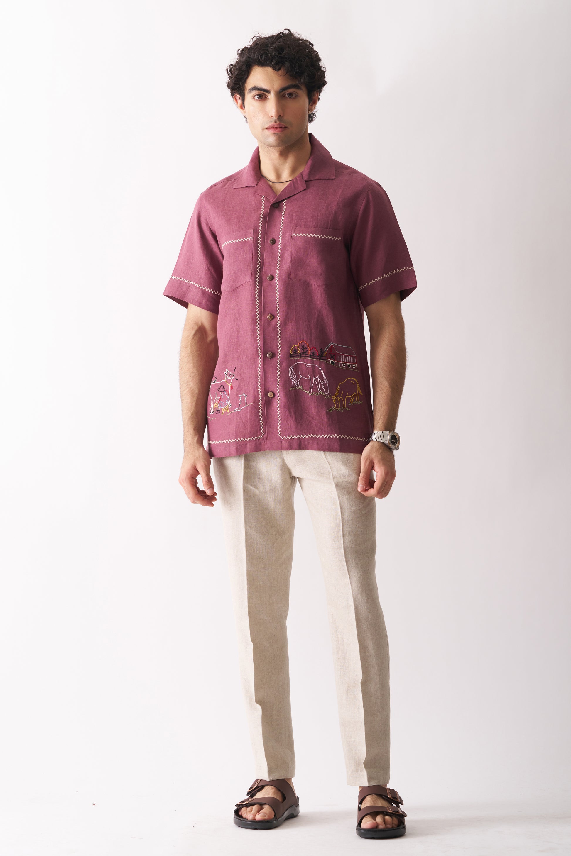 COWBOY'S COURTYARD - HAND EMBROIDERED UNISEX PURE LINEN SHIRT