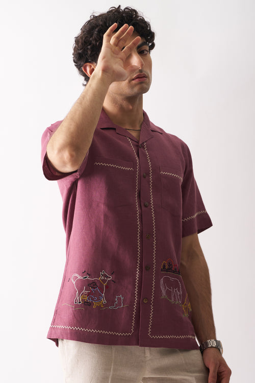 COWBOY'S COURTYARD - HAND EMBROIDERED UNISEX PURE LINEN SHIRT