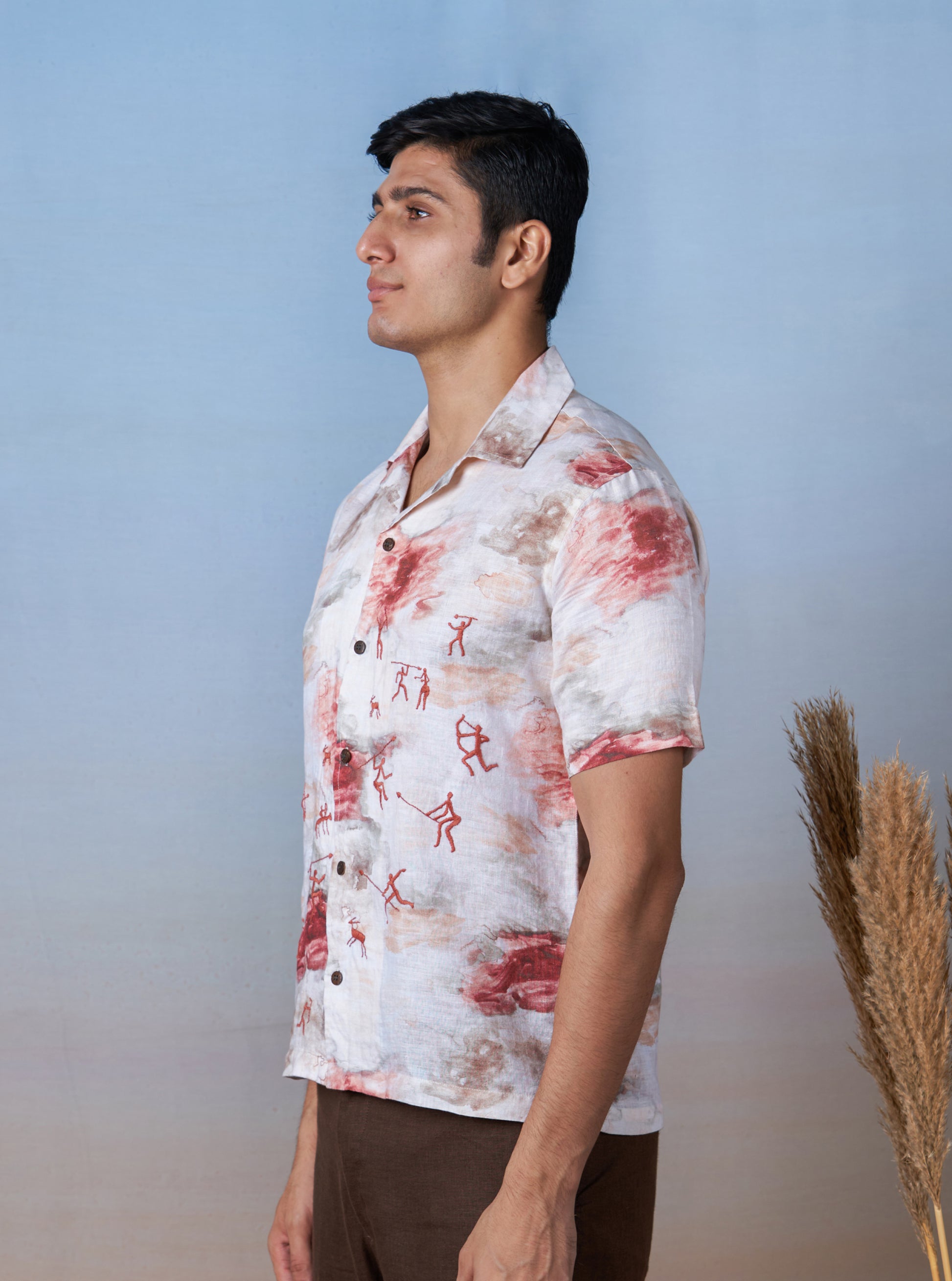 ANCIENT HUNT - HAND EMBROIDERED UNISEX PRINTED LINEN SHIRT