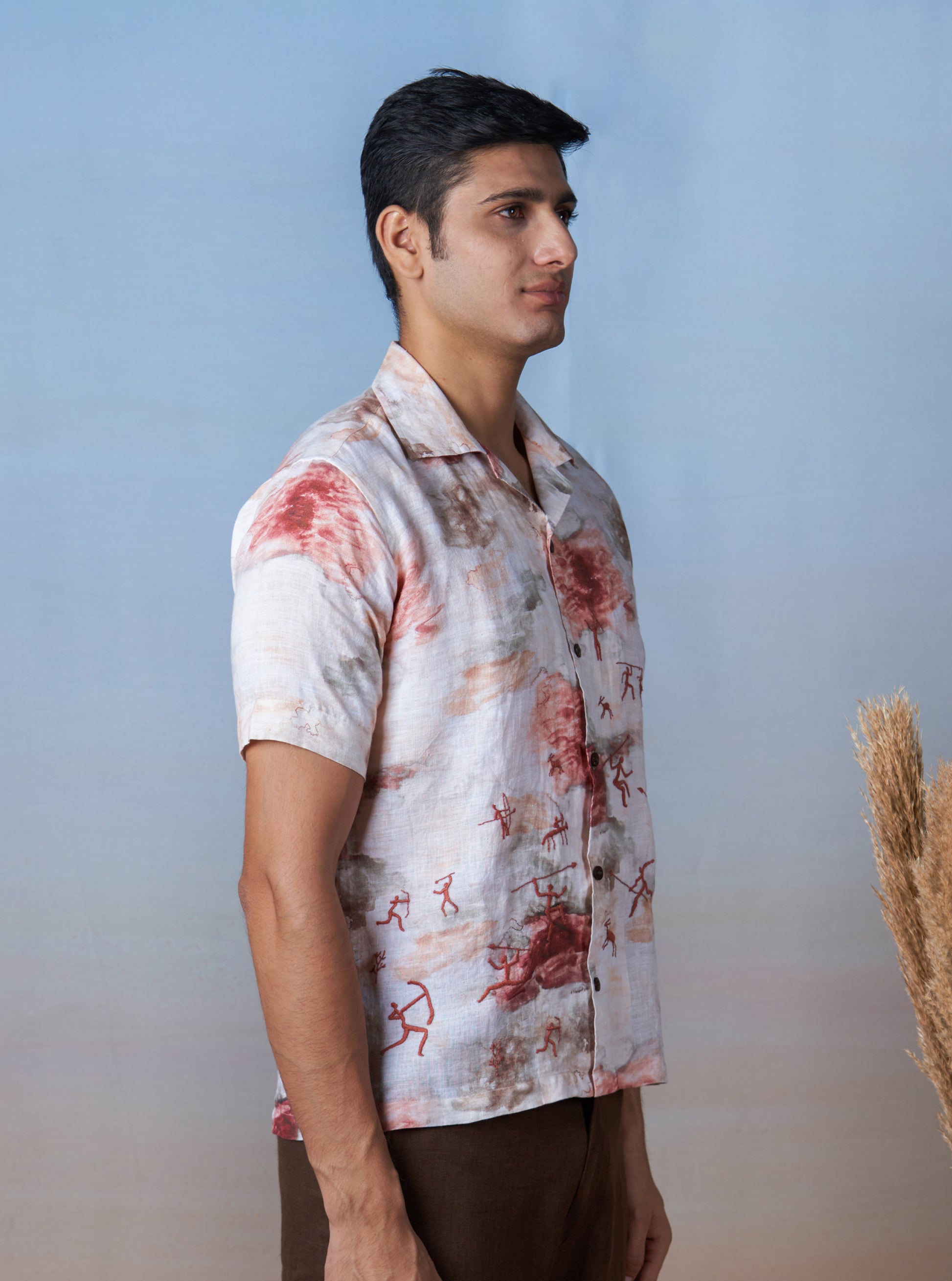 ANCIENT HUNT - HAND EMBROIDERED UNISEX PRINTED LINEN SHIRT