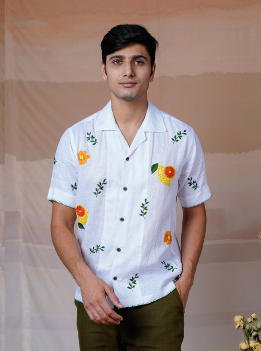 CITRUS GARDEN - HAND EMBROIDERED UNISEX LINEN SHIRT