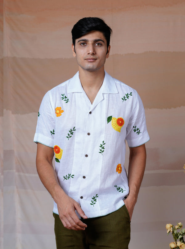 CITRUS GARDEN - HAND EMBROIDERED UNISEX LINEN SHIRT