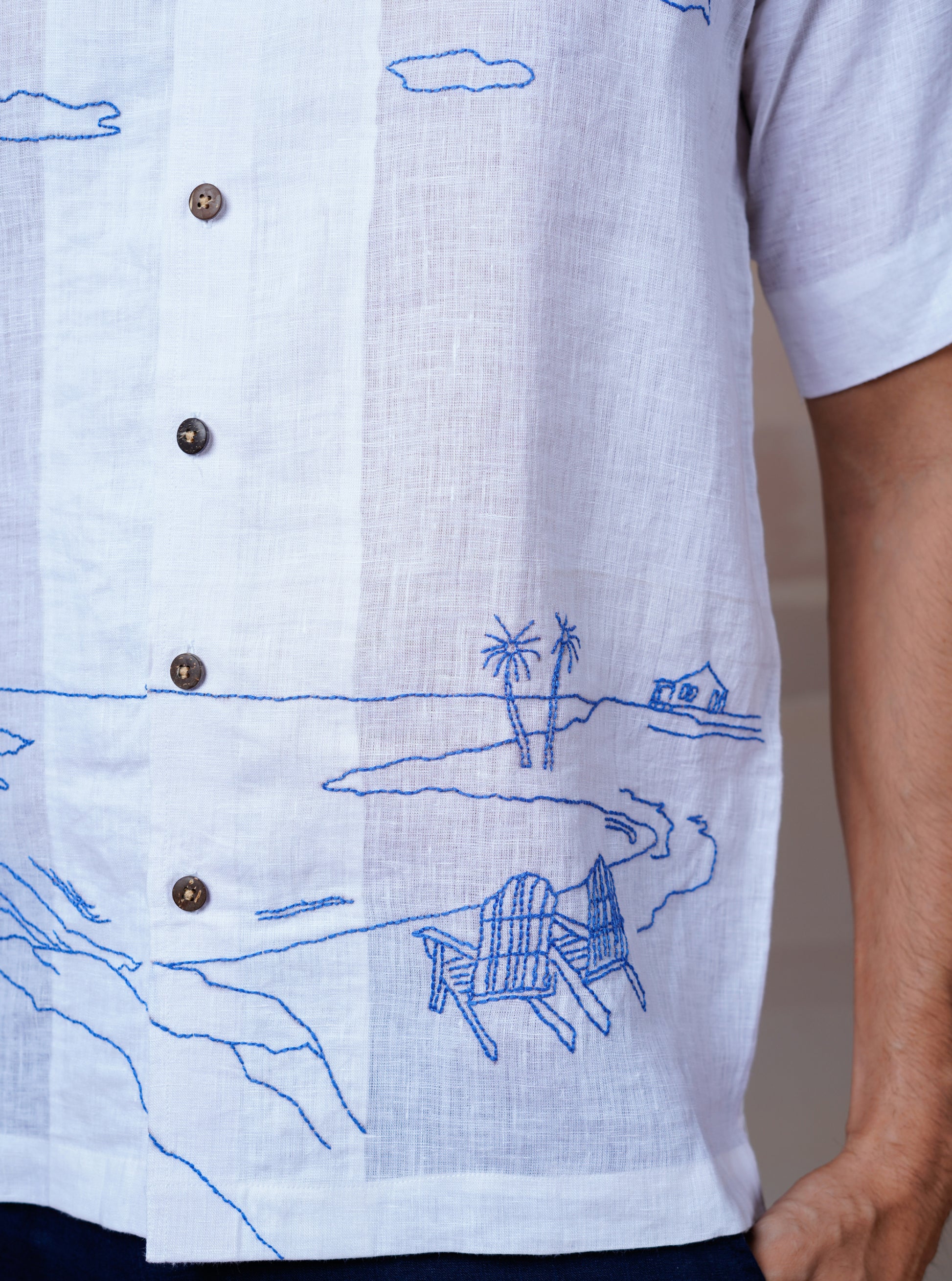 COASTAL CHARM - HAND EMBROIDERED UNISEX LINEN SHIRT