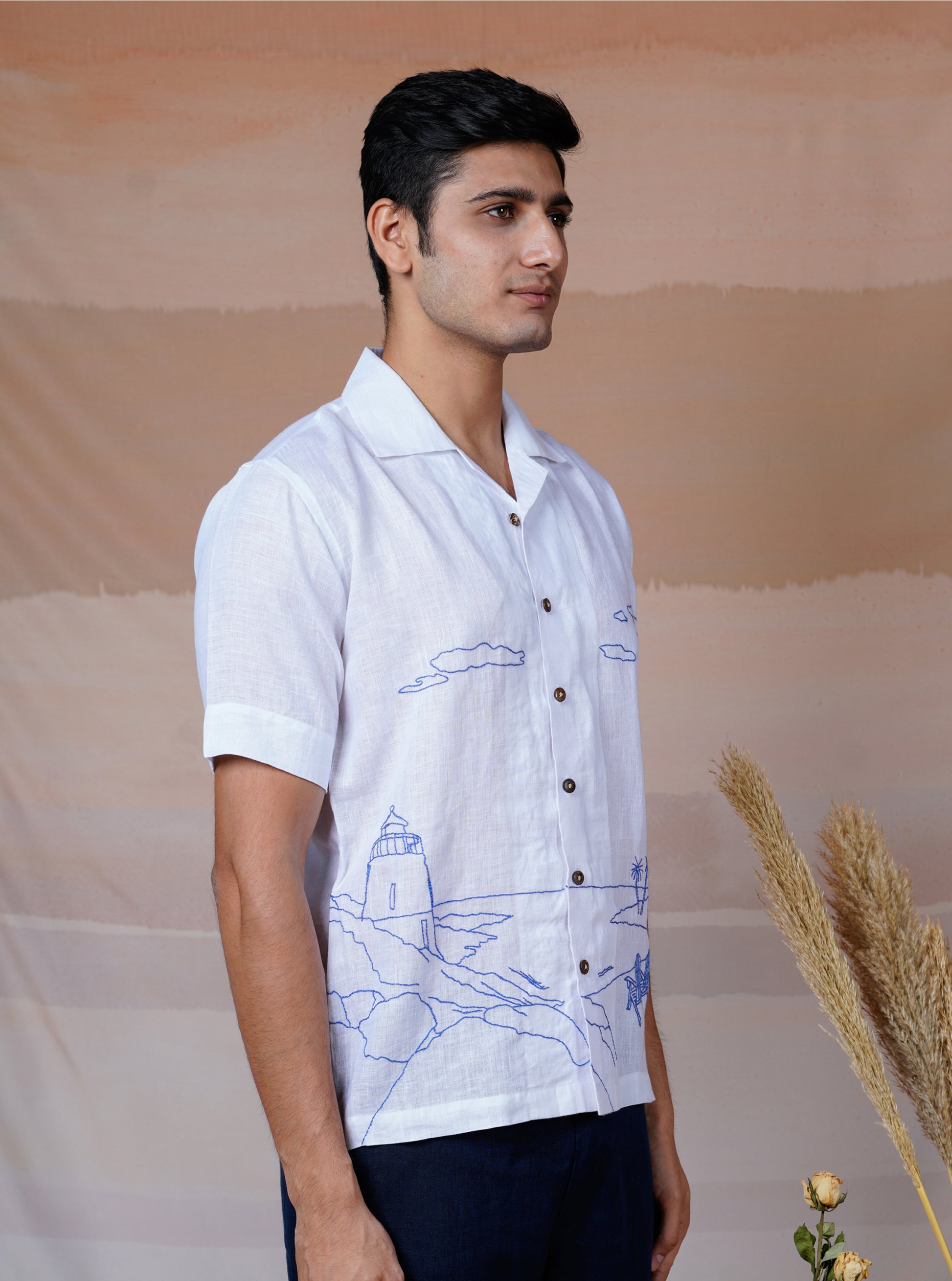 COASTAL CHARM - HAND EMBROIDERED UNISEX LINEN SHIRT