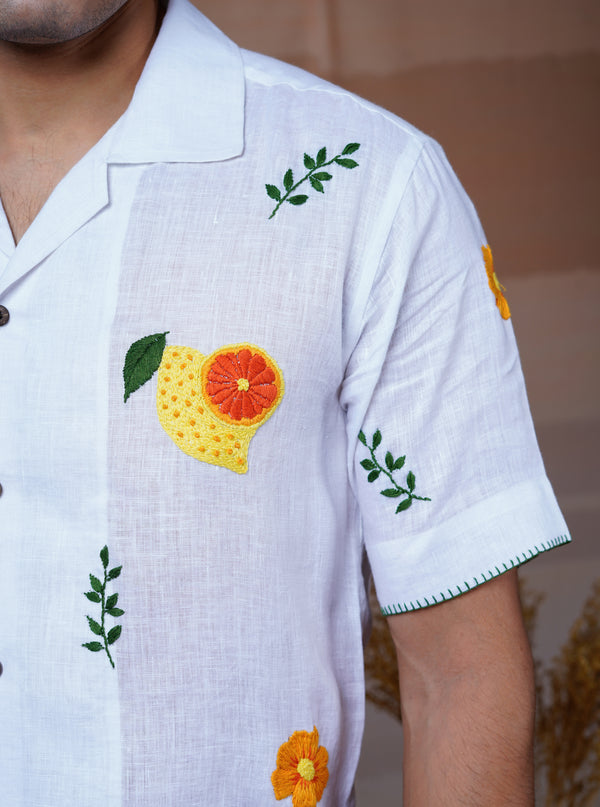 CITRUS GARDEN - HAND EMBROIDERED UNISEX LINEN SHIRT