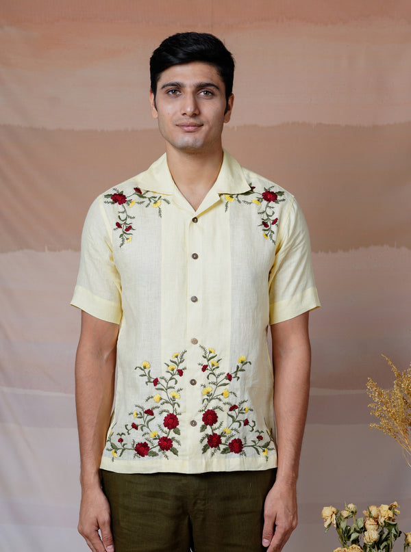 FLORAL FIESTA CREAM - HAND EMBROIDERED UNISEX LINEN SHIRT