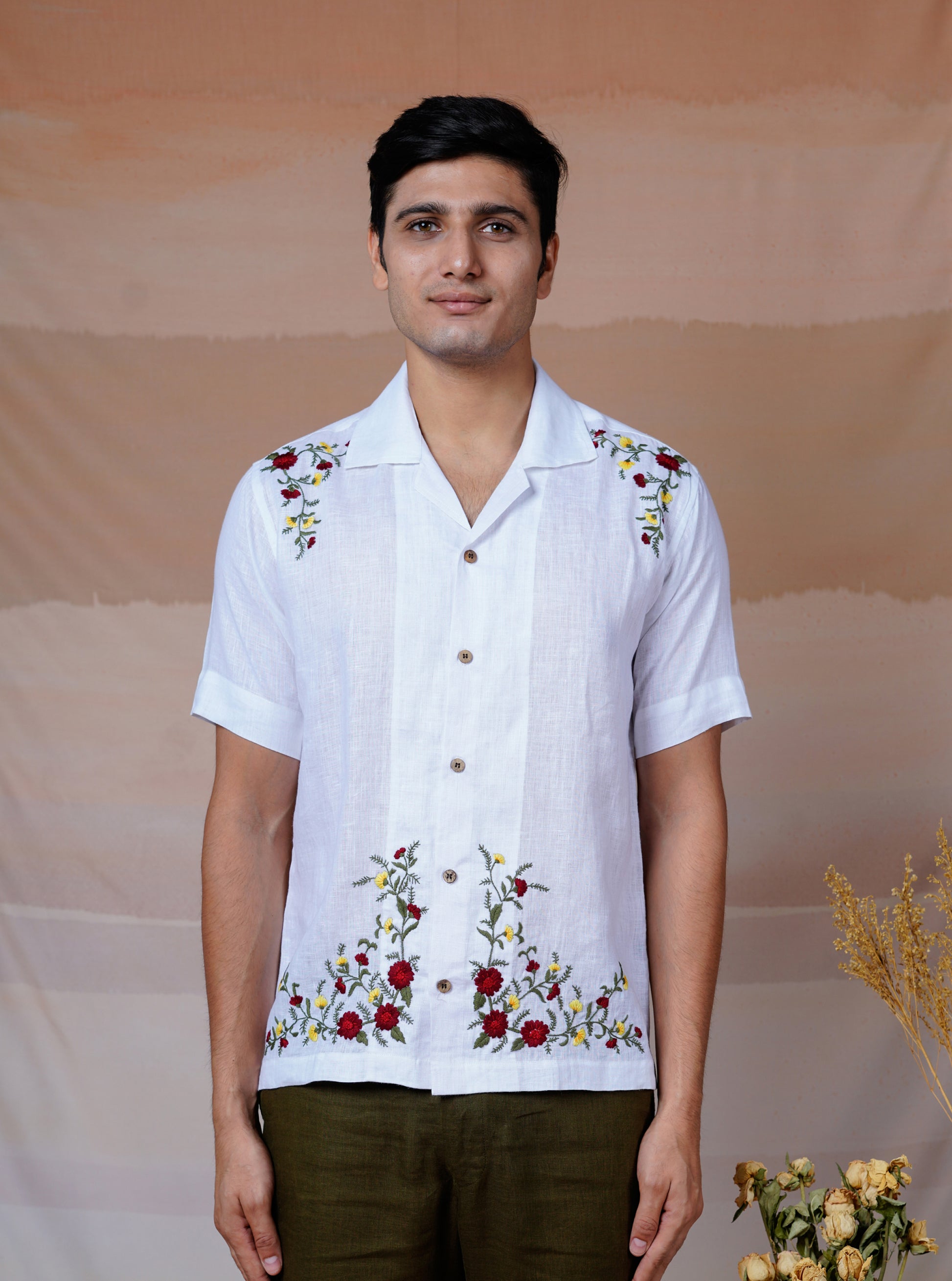 FLORAL FIESTA WHITE - HAND EMBROIDERED UNISEX LINEN SHIRT