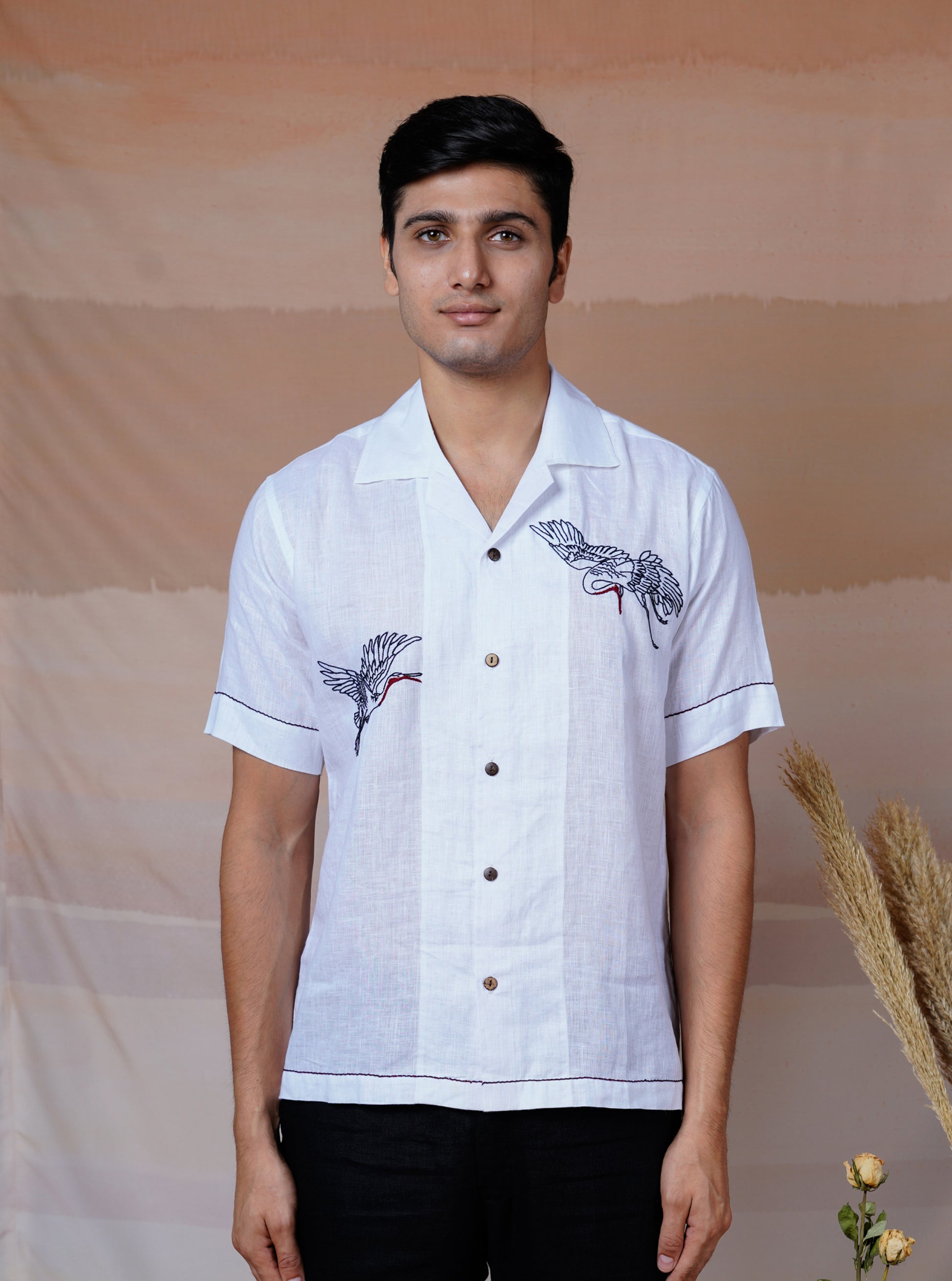 FLYING WINGS - HAND EMBROIDERED UNISEX LINEN SHIRT