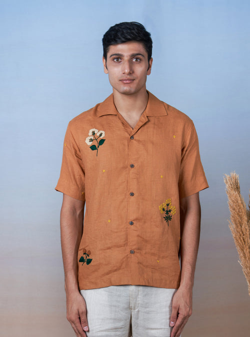 GOLDEN BREEZE - HAND EMBROIDERED UNISEX LINEN SHIRT