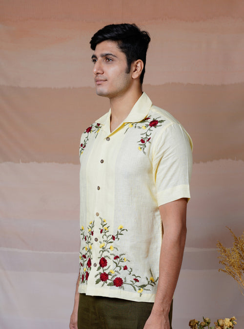 FLORAL FIESTA CREAM - HAND EMBROIDERED UNISEX LINEN SHIRT