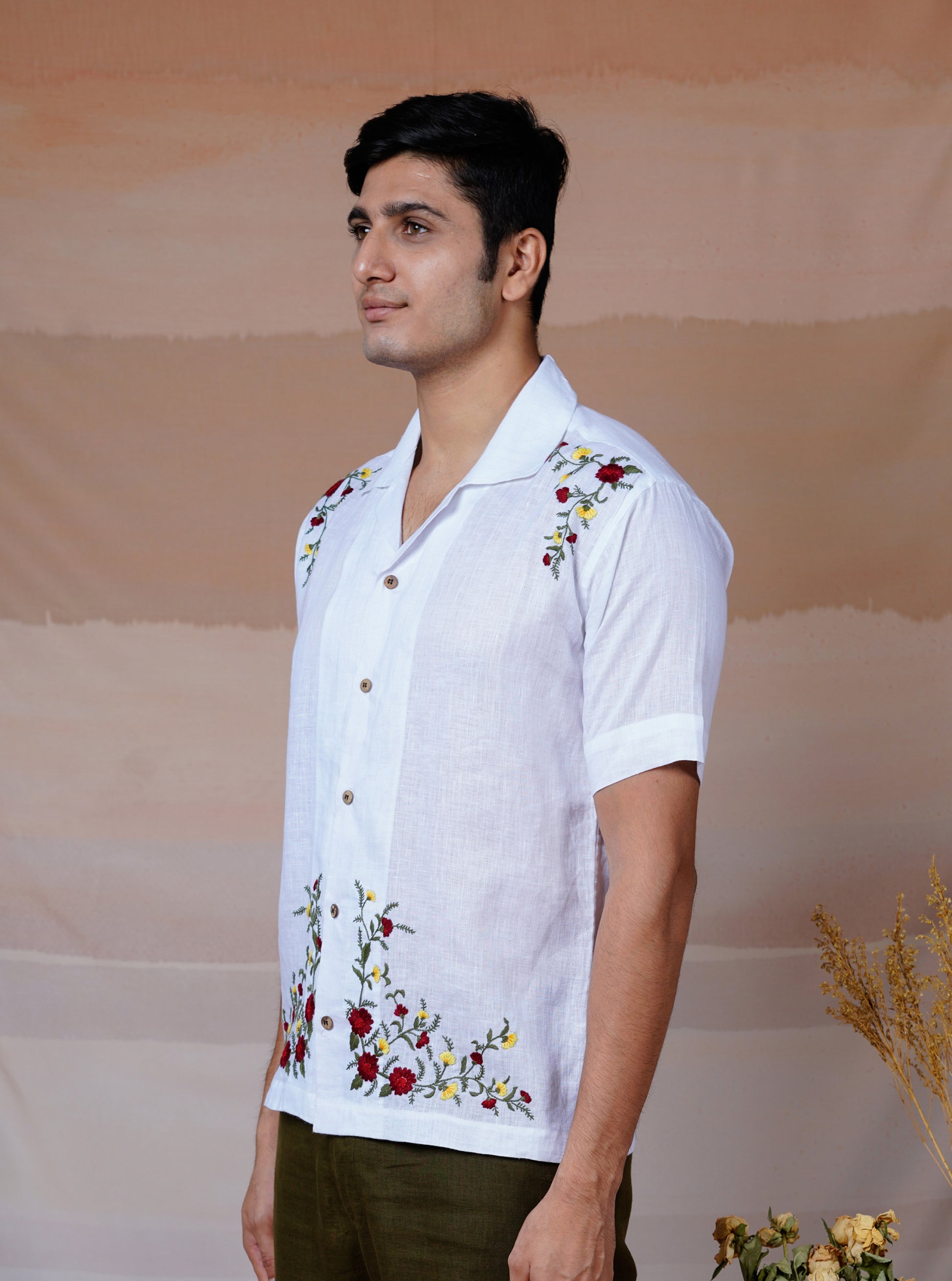 FLORAL FIESTA WHITE - HAND EMBROIDERED UNISEX LINEN SHIRT