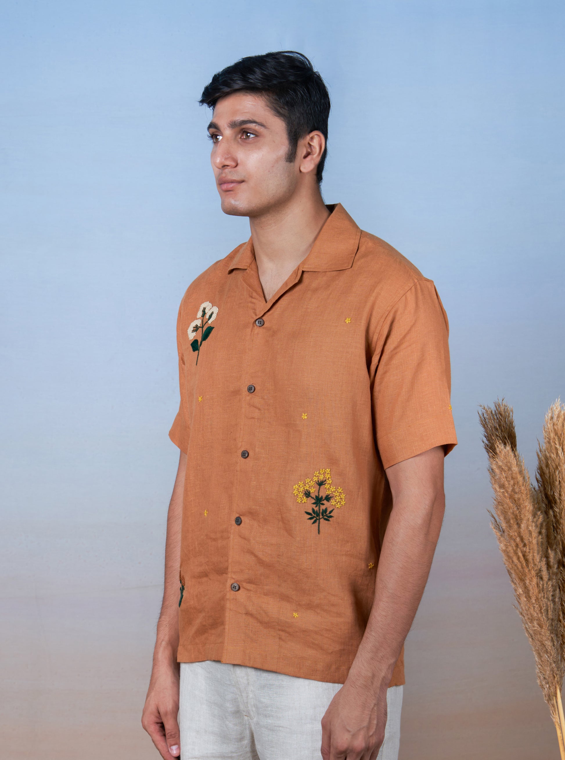 GOLDEN BREEZE - HAND EMBROIDERED UNISEX LINEN SHIRT