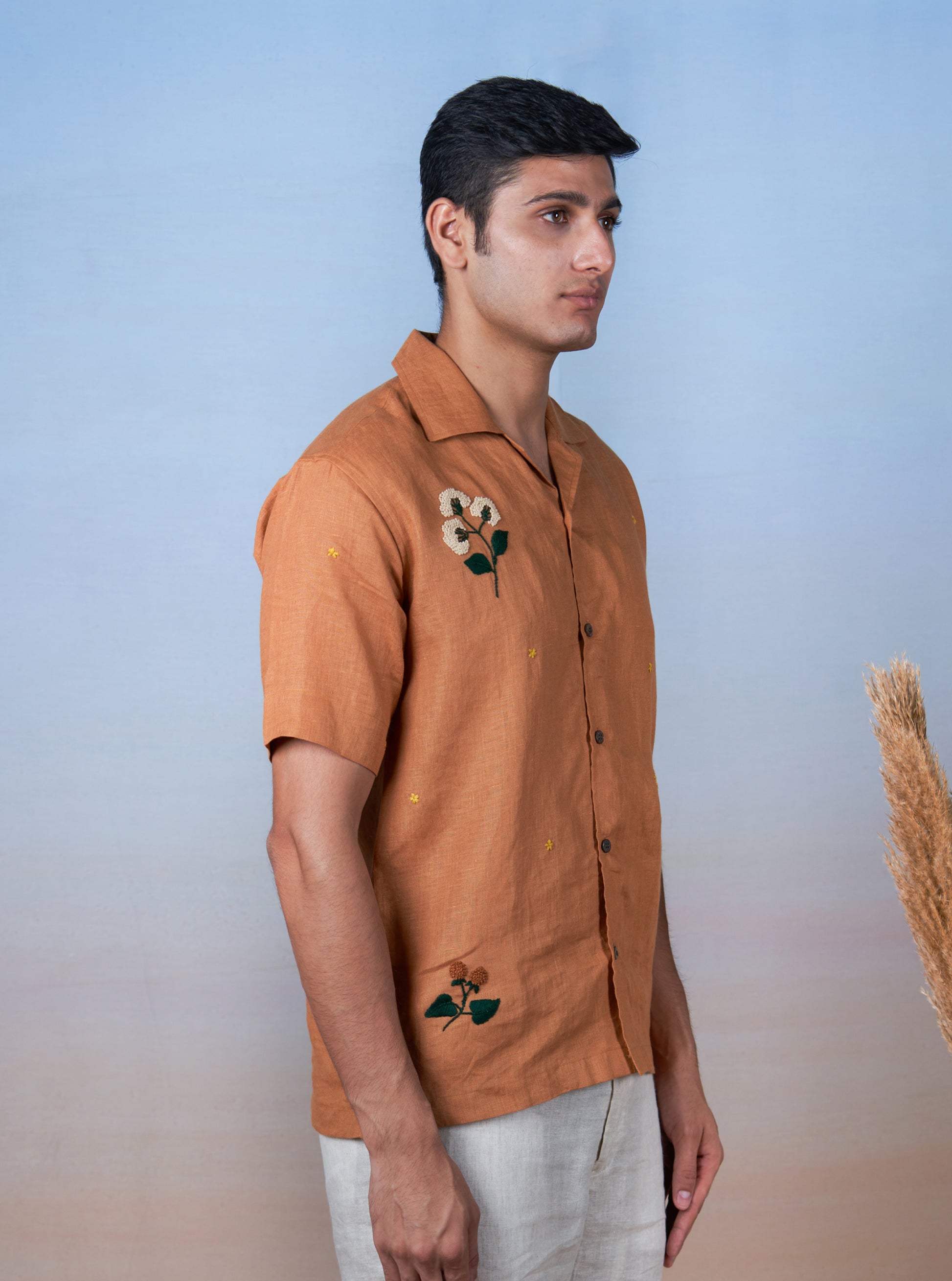 GOLDEN BREEZE - HAND EMBROIDERED UNISEX LINEN SHIRT