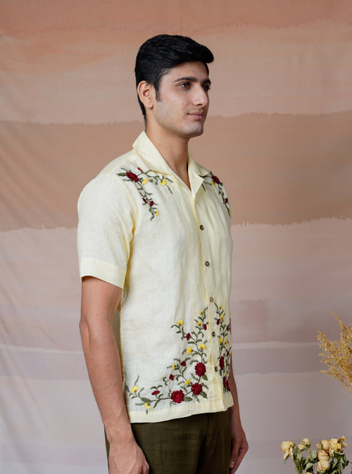 FLORAL FIESTA CREAM - HAND EMBROIDERED UNISEX LINEN SHIRT