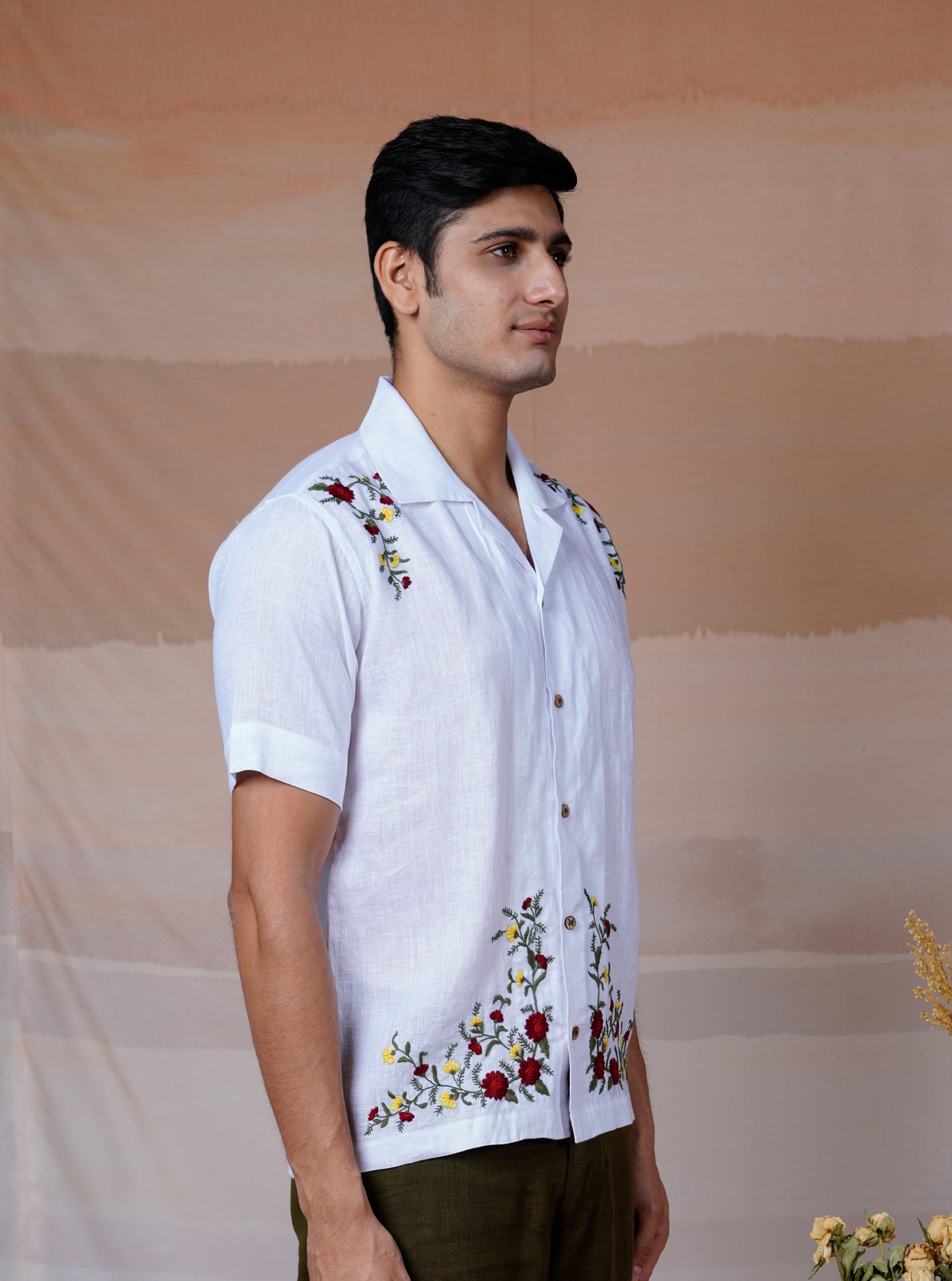 FLORAL FIESTA WHITE - HAND EMBROIDERED UNISEX LINEN SHIRT