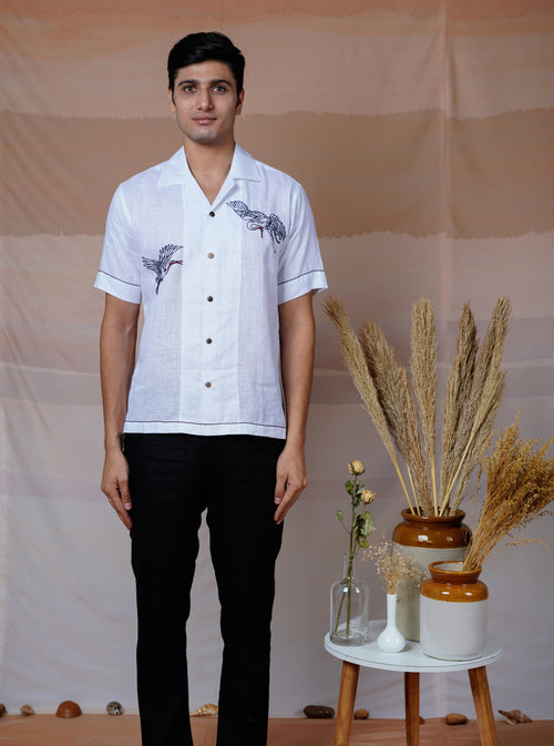 FLYING WINGS - HAND EMBROIDERED UNISEX LINEN SHIRT