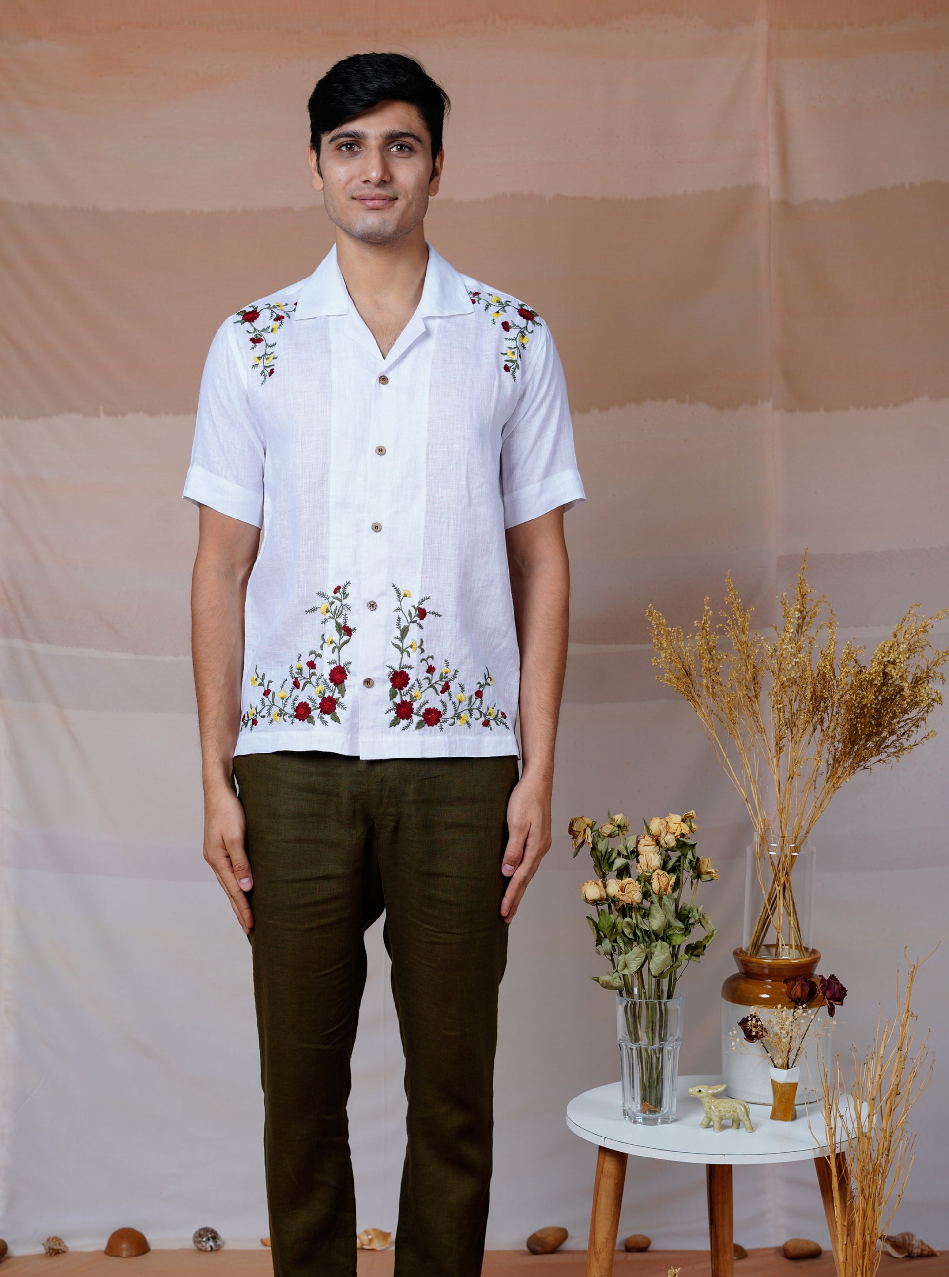 FLORAL FIESTA WHITE - HAND EMBROIDERED UNISEX LINEN SHIRT