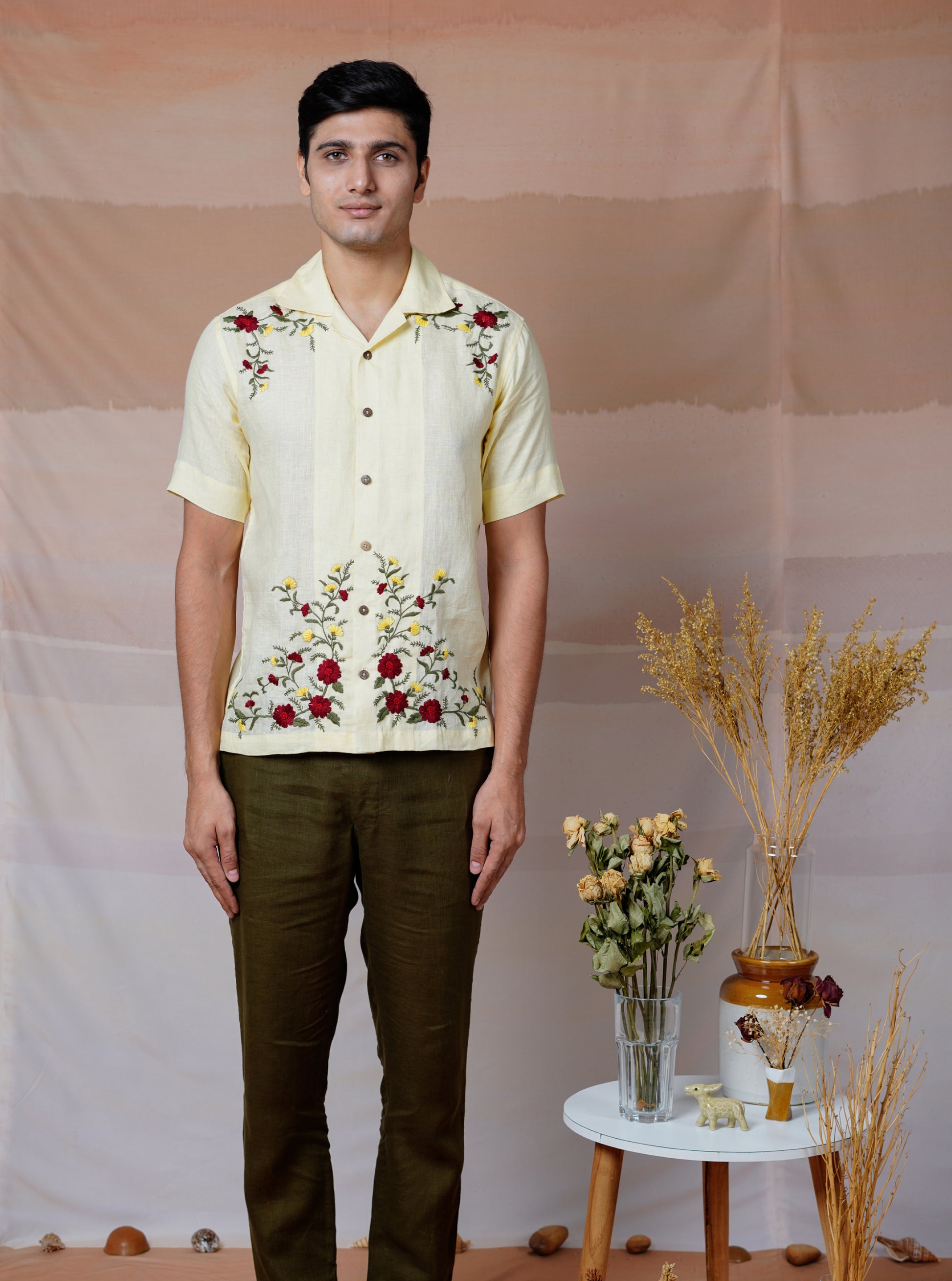 FLORAL FIESTA CREAM - HAND EMBROIDERED UNISEX LINEN SHIRT