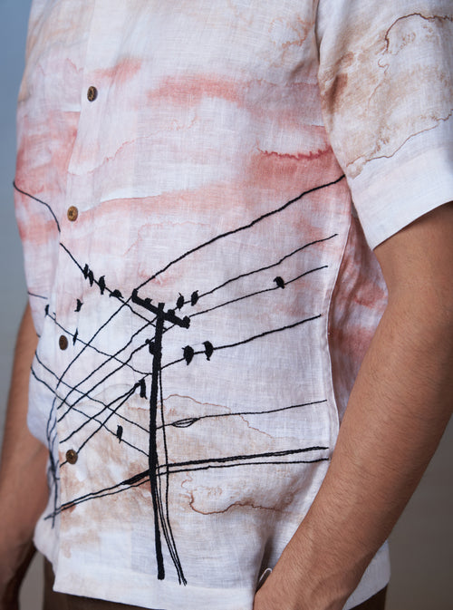 EVENING CHORUS - HAND EMBROIDERED UNISEX PRINTED LINEN SHIRT