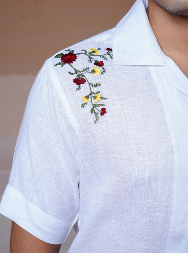 FLORAL FIESTA WHITE - HAND EMBROIDERED UNISEX LINEN SHIRT