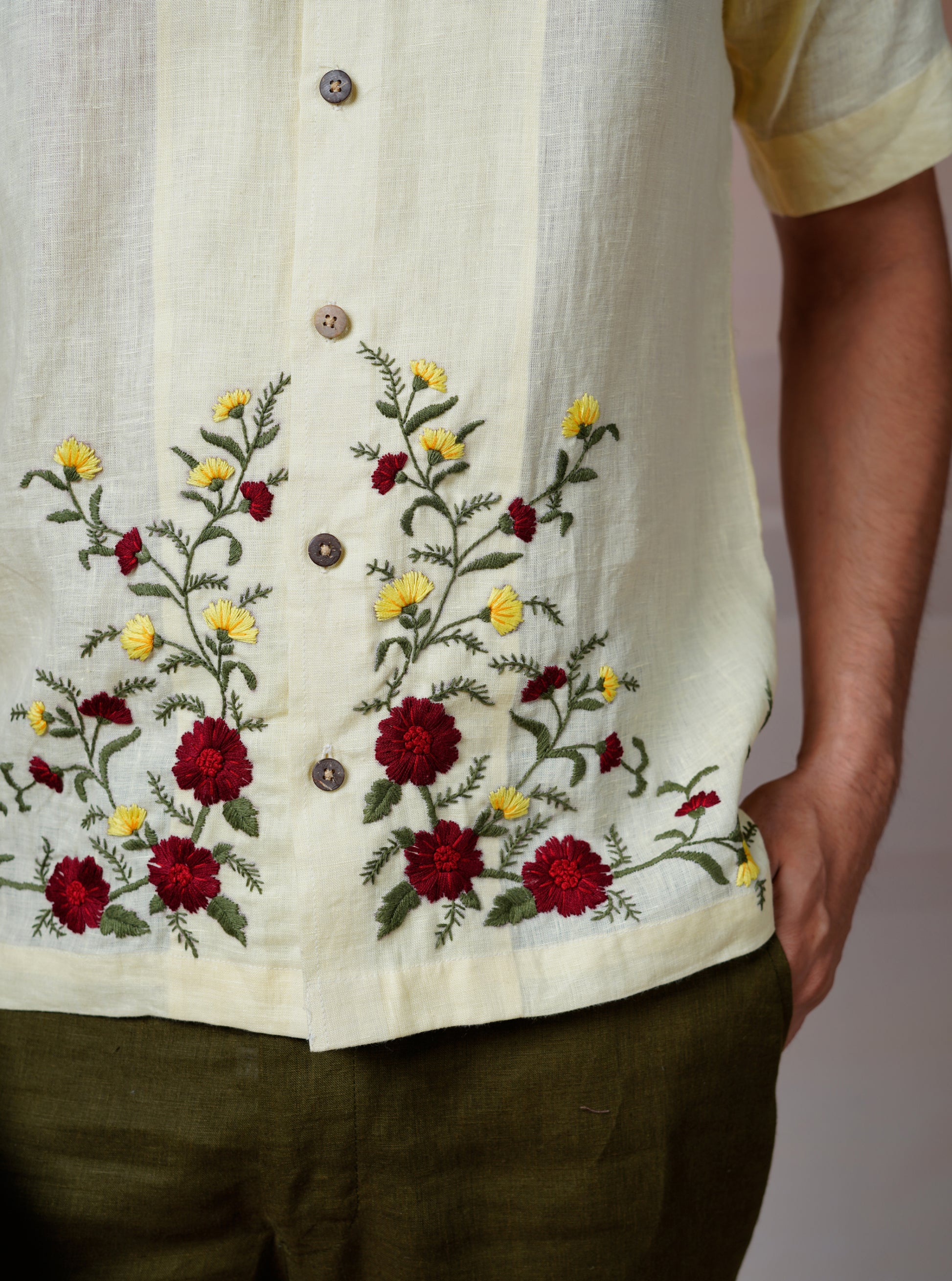 FLORAL FIESTA CREAM - HAND EMBROIDERED UNISEX LINEN SHIRT