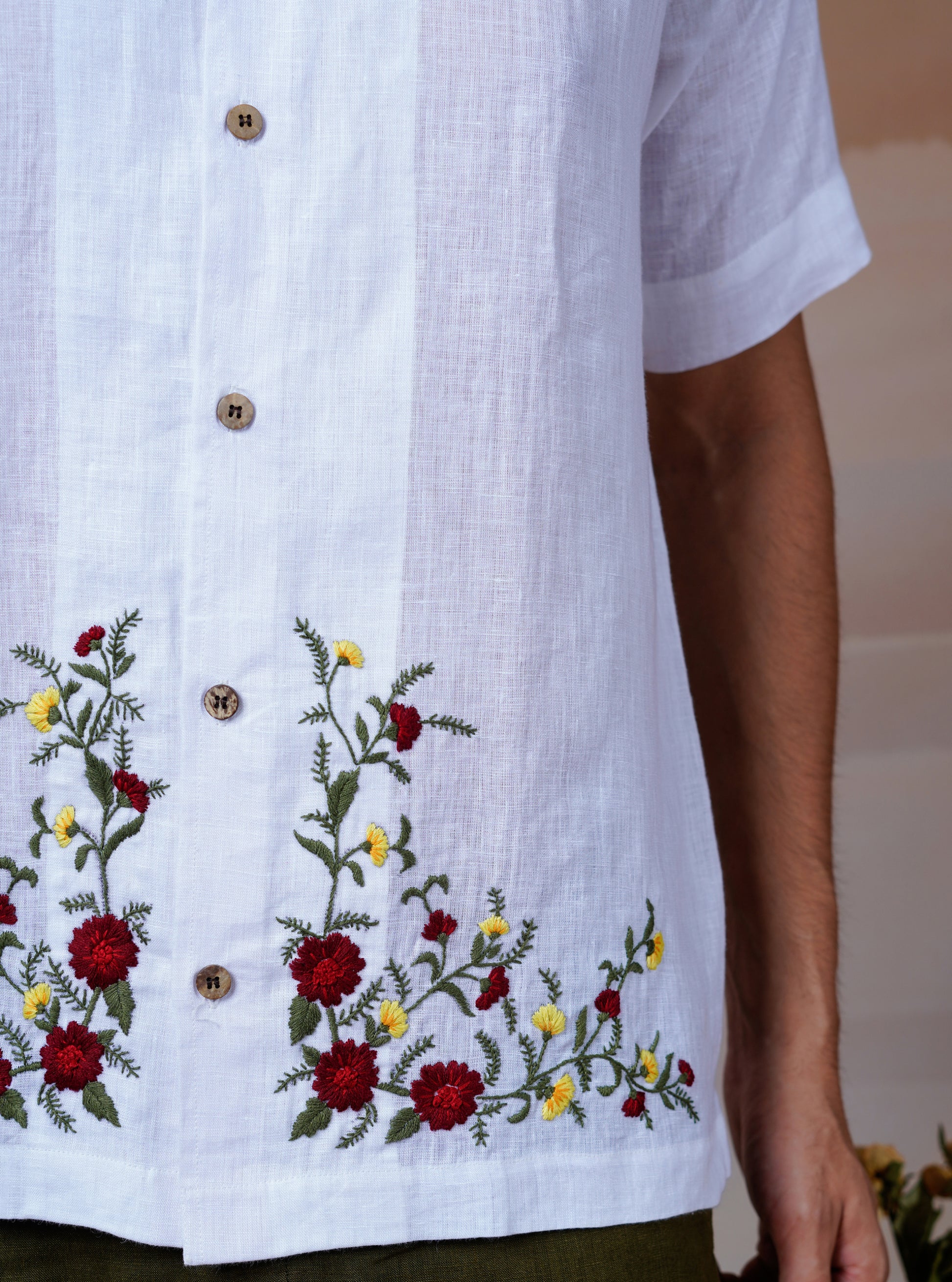 FLORAL FIESTA WHITE - HAND EMBROIDERED UNISEX LINEN SHIRT