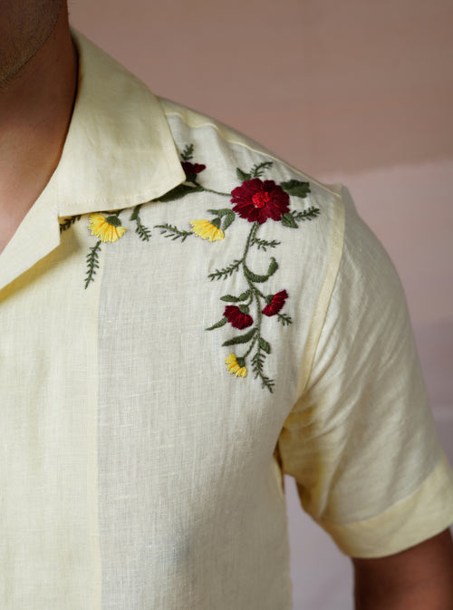 FLORAL FIESTA CREAM - HAND EMBROIDERED UNISEX LINEN SHIRT