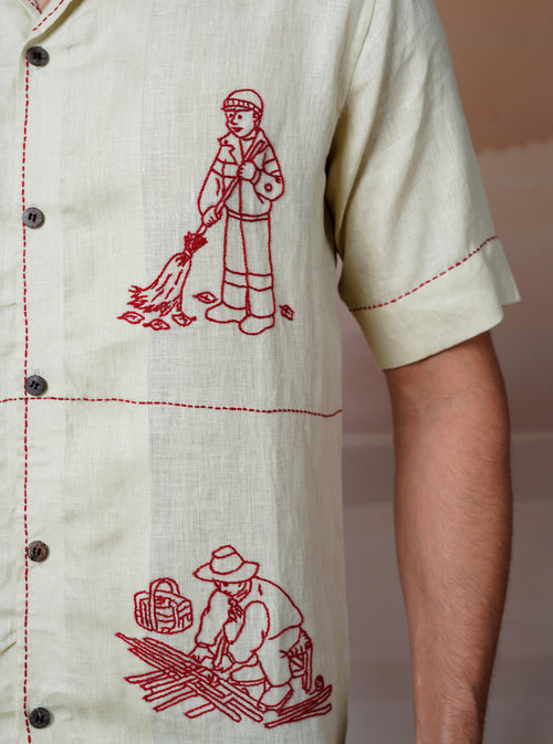 HANDS AT WORK - HAND EMBROIDERED UNISEX LINEN SHIRT