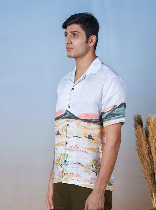 NATURE'S PALETTE - HAND EMBROIDERED UNISEX PRINTED LINEN SHIRT