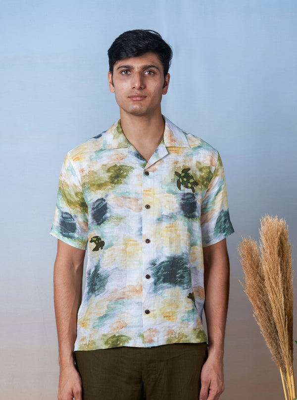 TURTLE TIDES - HAND EMBROIDERED UNISEX PRINTED LINEN SHIRT